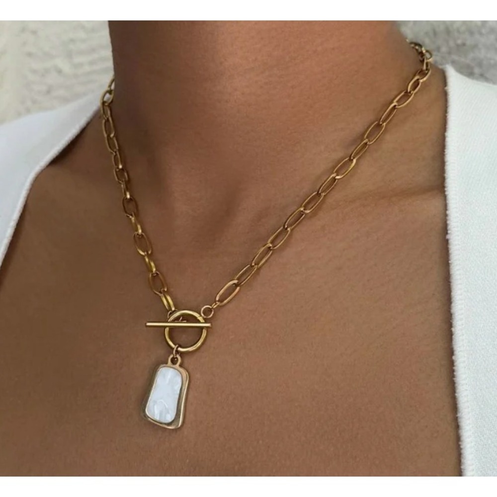 Gold Plated Stainless Steel Paperclip Chain Necklace Mother of Pearl Toggle 16"